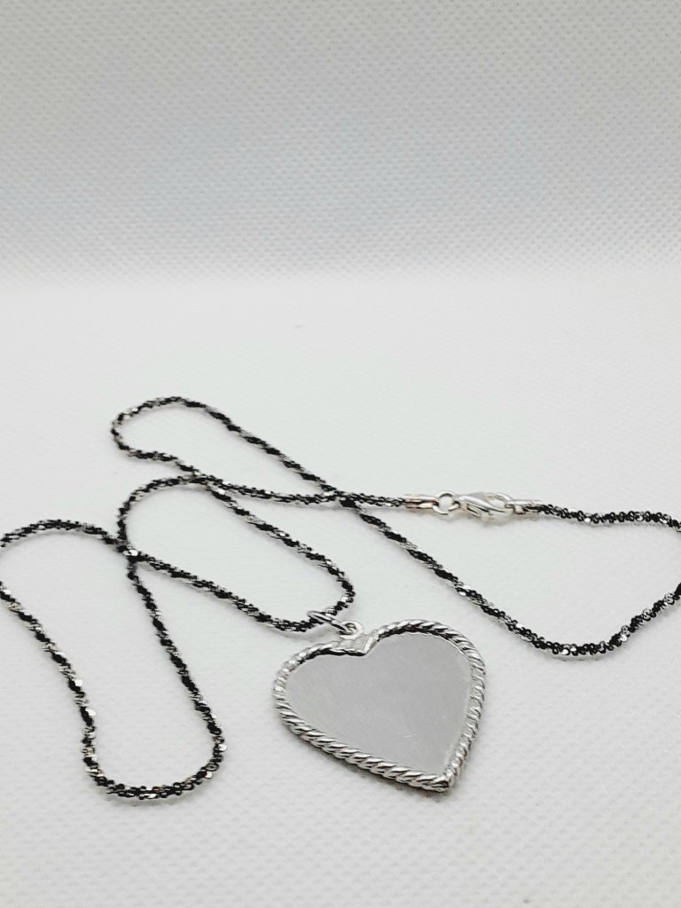 New 18 Inch 925 Oxidized Wheat Chain And Mirrored Heart Pendant